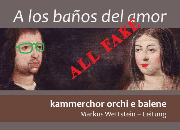 Konzertmotiv: Hochzeitsbild von Fernando de Aragón und Isabel de Castilla, versehen mit dem Konzerttitel, Chorbezeichnung kamerchor orchi e balene und Chorleitung Markus Wettstein