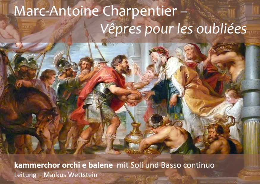 Konzertmotiv: Ölgemälde mit Kriegern, die von einem König Brote überreicht bekommen und Beschriftung der Konzertdaten